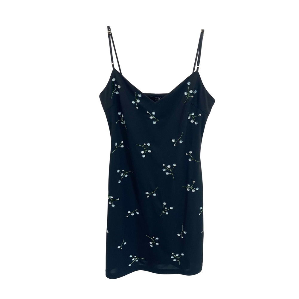 Vintage BCBGMaxAzria Y2K Black Floral Embroidered Sequin Slip Mini Dress SMALL‎